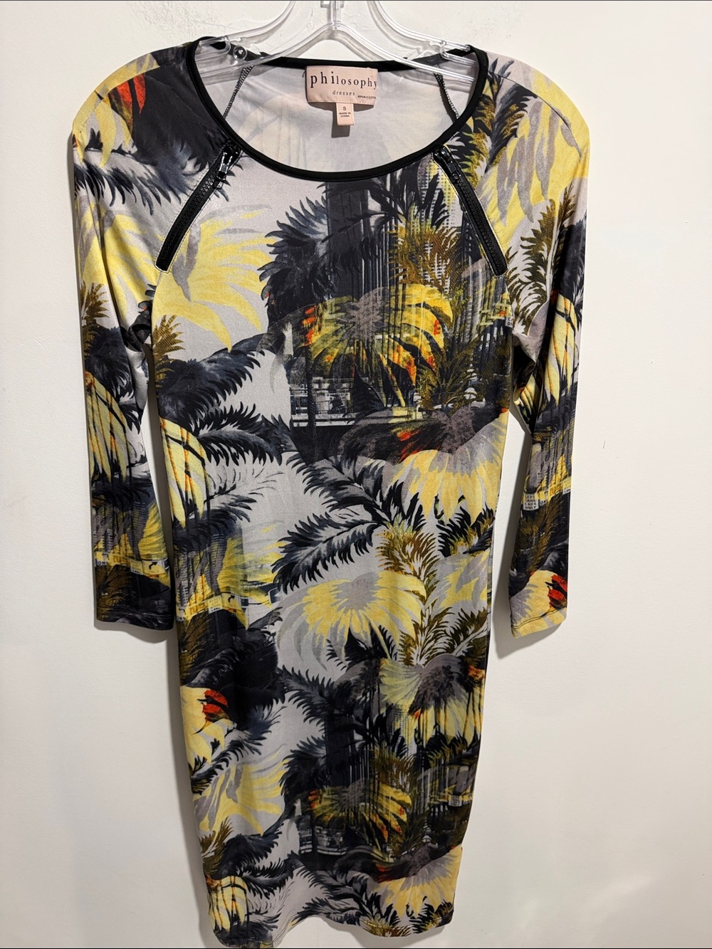 Philosophy Yellow, Black & Gray Tropical Sheath Dress Zipper Detail Size Small
